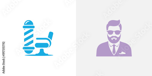 Blue barber pole and chair beside purple man with beard