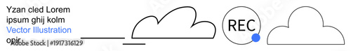 Data storage, cloud computing, digital recording, media backup, technology interface, minimal design. Black cloud shapes and a recording circle beside text. Data storage and cloud computing concepts