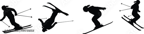 PrintSilhouette skier performing aerial tricks, freestyle skiing jump, downhill motion, winter sports athlete action, ski poles dynamic movement