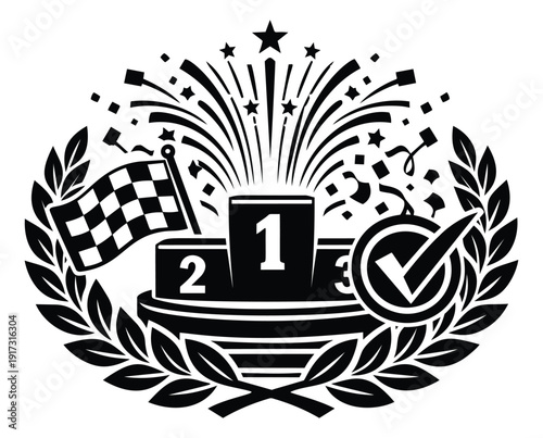 Line art illustration of a winner's podium depicting victory, success, and celebration for awards and competition