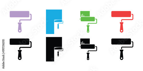 Colorful paint rollers in various positions and colors for painting projects and home improvement tasks