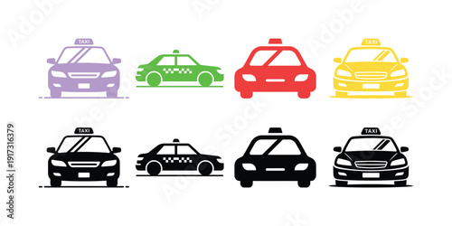 Colorful taxi cars in different styles and colors on white background