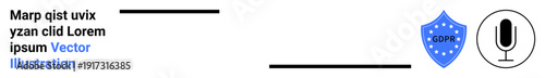 Data privacy, digital security, regulatory compliance, online safety, GDPR, communication technology. Blue shield with GDPR label near a microphone symbol. Data privacy and regulatory compliance