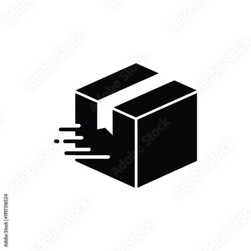 Fast delivery of a black package with motion lines indicating speed and efficiency in logistics