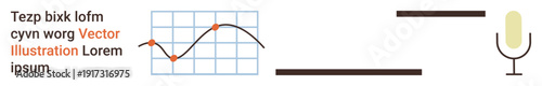Data analysis, media communication, technology, voice recording, presentation tools, reporting. A line graph on a grid, text elements microphone icon. Data analysis and media communication concepts