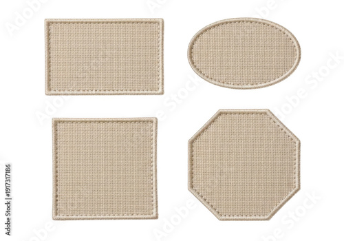 Blank fabric patches in various shapes square oval and octagon with stitched borders isolated on transparent background