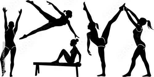 Female Gymnast Silhouette Vector Set – Olympic Floor, Beam, Vault & Uneven Bars Icons