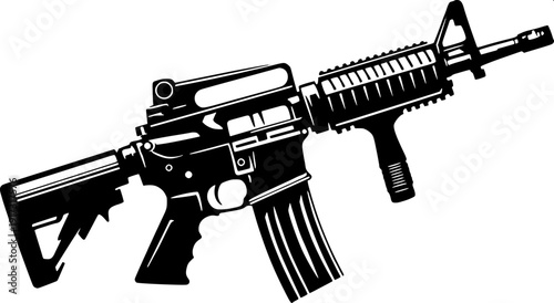 Minimal black and white tactical emblem with assault rifles, pentagram circle symbol, crossed jungle knives, logo style vector