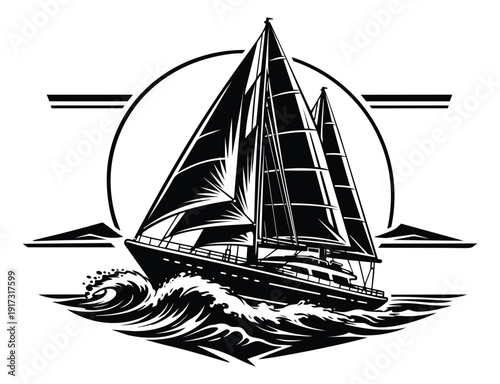 Stylized graphic illustration of a sailboat depicting ocean waves for nautical branding