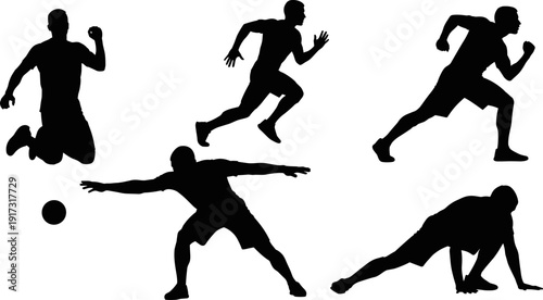 Silhouette athletes running jumping exercising stretching, sports fitness collection isolated on white background, active men training, dynamic motion illustration vector design concept set bundle