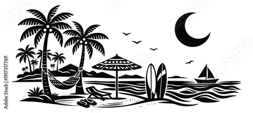 Silhouette illustration of a tropical beach depicting an evening summer vacation for travel and relaxation