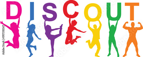 Vibrant silhouette people and athletes jumping and posing while holding colorful letters forming the word discount for retail sales, marketing promotions, and business savings.
