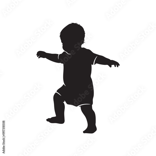 Silhouette of a toddler taking their first steps, arms outstretched for balance, symbolizing early childhood development and growth