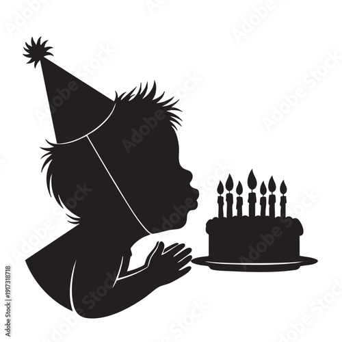 Silhouette of a baby wearing a party hat, blowing out candles on a birthday cake, celebrating a special occasion for young children
