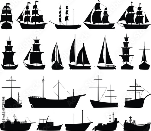 Collection of vintage sailing ships silhouettes, classic pirate boats and cargo vessels black vector illustration set