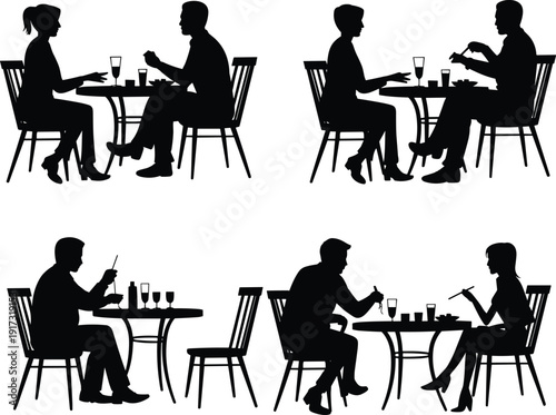 Couple dining at restaurant table silhouette collection isolated on white background, romantic dinner and conversation concept illustration