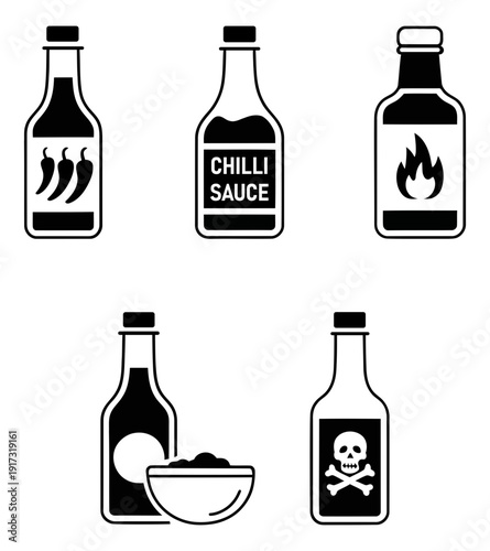 Hot chili sauce bottle icon set, vector illustrations