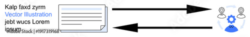 Data flow, workflow automation, system integration, user interaction, information exchange, connectivity. Arrows linking a document and gears with user icons. Data flow and workflow automation