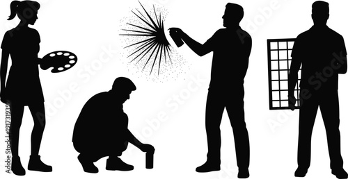Creative artists painting and spraying graffiti silhouette set isolated on white background, art studio and street art concept