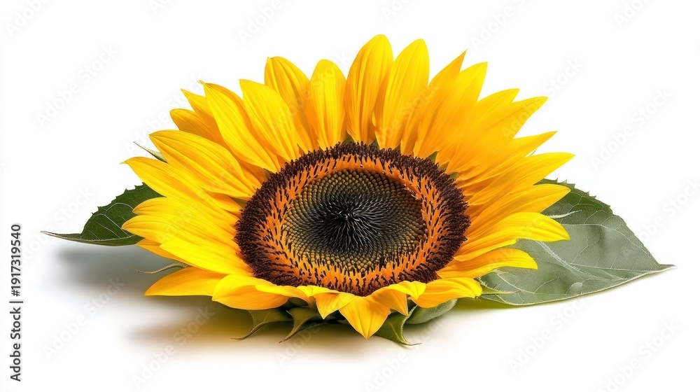 Obraz premium Bright sunflower with leaves against a white background.