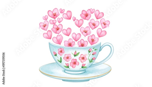 Wallpaper Mural Watercolor illustration of a teacup overflowing with pink floral hearts, atop a matching saucer, on a clean white background Torontodigital.ca