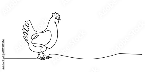 Continuous line drawing of a chicken standing on a simple line against a white background Vector, illustration