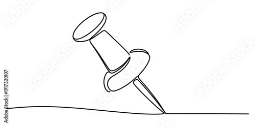A minimalist one-line drawing of a thumbtack being pressed into a surface, symbolizing pinning or attachment. Vector, illustration