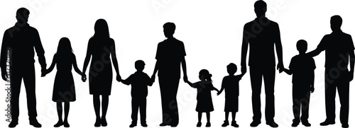 Family silhouettes holding hands, parents and children standing together isolated on white background symbolizing unity love and support