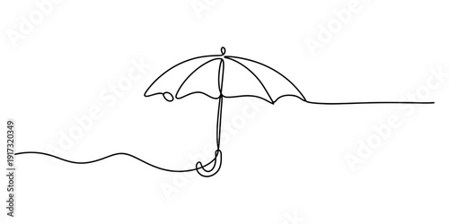 A minimalist continuous line drawing of an open umbrella with a curved handle on a white background. Vector, illustration