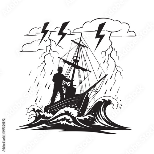Sailor Navigating Rough Seas During Thunderstorm Artistic Silhouette Concept Design Depicting Human Versus Nature Challenge