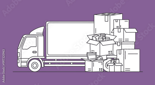 Moving Truck Loaded With Cardboard Boxes For Relocation Services.