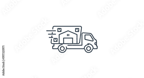 Moving truck carrying a house icon symbolizing relocation services.