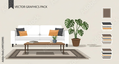 Modern Living Room Interior Design with Sofa Coffee Table and Plant.