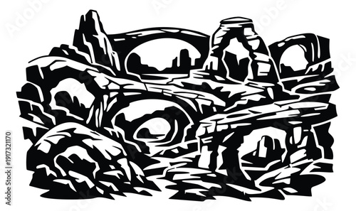Stylized line art illustration of a desert landscape depicting rugged rock formations and arches for nature and travel designs