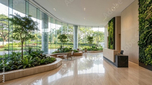 Modern Lobby with Lush Greenery and Natural Light in Urban Setting