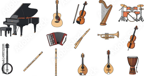 Professional vector illustration set of classical and folk musical instruments including grand piano, violin, harp, drums, and flute for music education branding