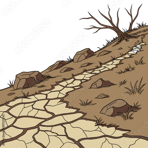Barren mountain landscape with cracked earth and dead tree