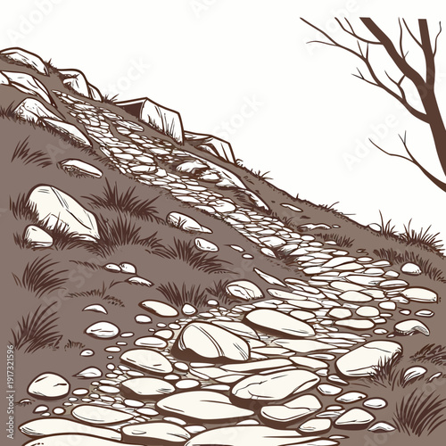 Brown and white of rocky mountain path with bare tree