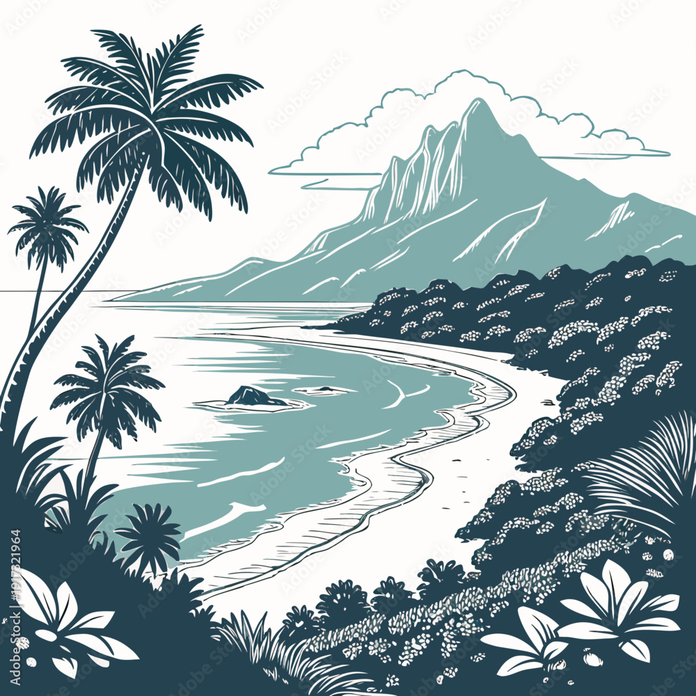 Obraz premium Tropical coastal scenery with palm trees and mountain