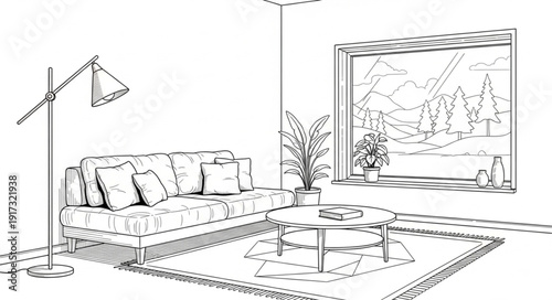 Modern living room sketch with sofa and large window.