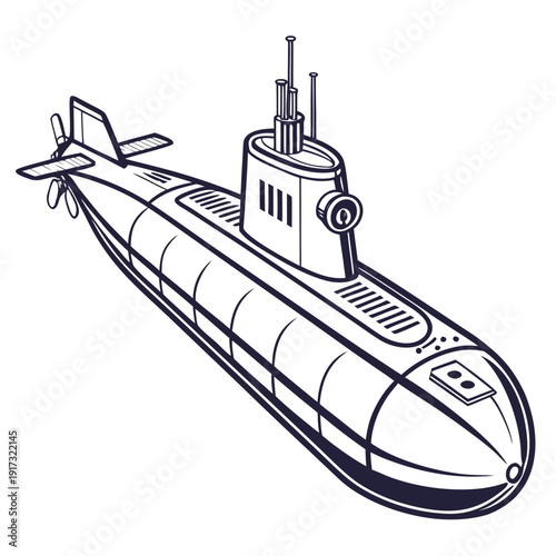 Navy submarine with conning tower and propeller nautical vessel