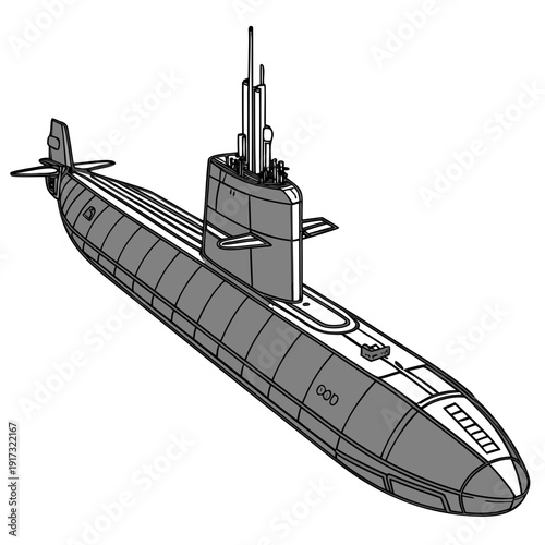 Gray submarine with conning tower and propellers naval vessel
