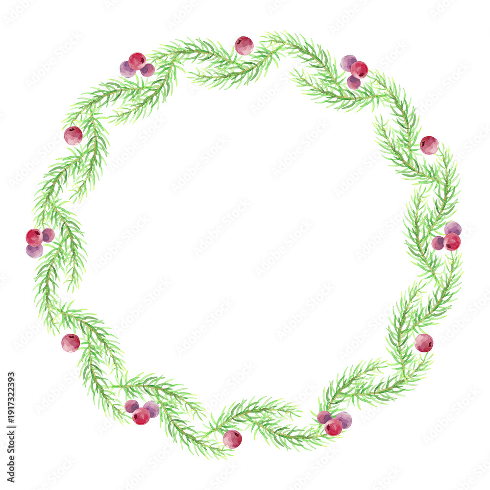 Fototapeta premium Wreath of green spruce branches with red berries. Watercolor.