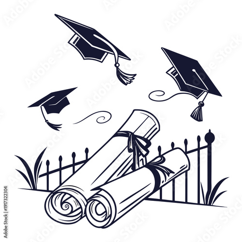 Graduation caps and diplomas on a fence grass 1