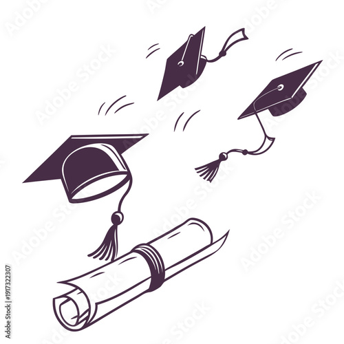 Graduation caps and diploma in dark purple silhouette 1