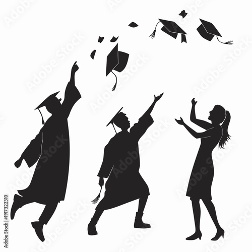 Black silhouettes of graduates throwing caps in air 1
