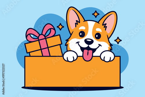 A happy corgi dog peeking out of a gift box with a present beside it