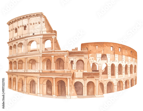 Ancient Roman Colosseum iconic landmark, watercolor vector illustration with transparent background for historical tourism