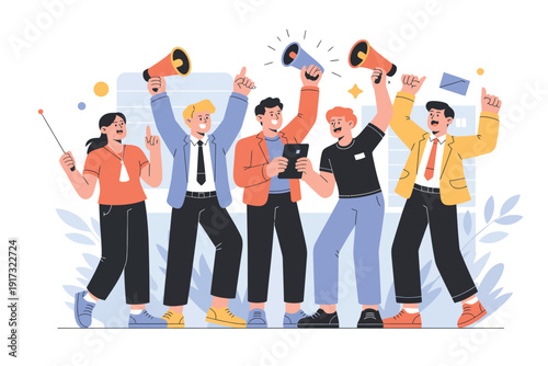 A diverse group of young adults celebrating and expressing themselves with megaphones and gestures in a vibrant setting.