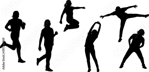 Male dancer silhouette set jumping dancing posing isolated on white background, modern dance movement vector illustration collection design element